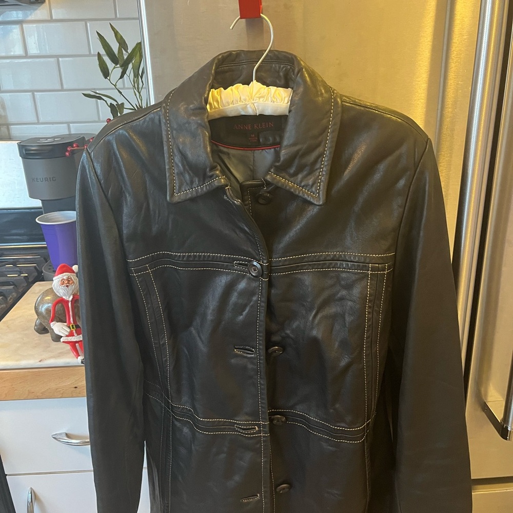 Anne Klein Lambskin Leather Jacket black size L, soft and lined‎ in grey